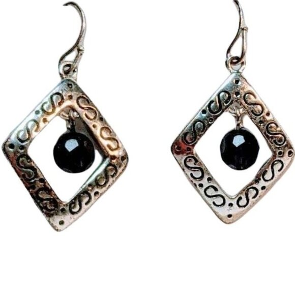 Handcrafted Silver-Tone Dangling Earrings W/ Etched Diamond Frame & Black Beads - Picture 1 of 6